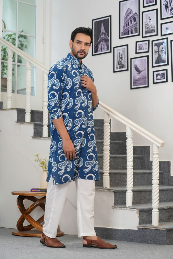 Stepnshop Men’s Cotton Kurta Pajama Set with Hand Block Print Work