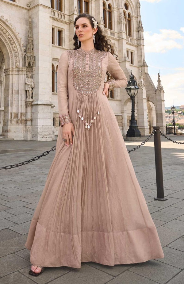 Stepnshop Chinon Silk Embroidered Gown with Hand Work Dupatta