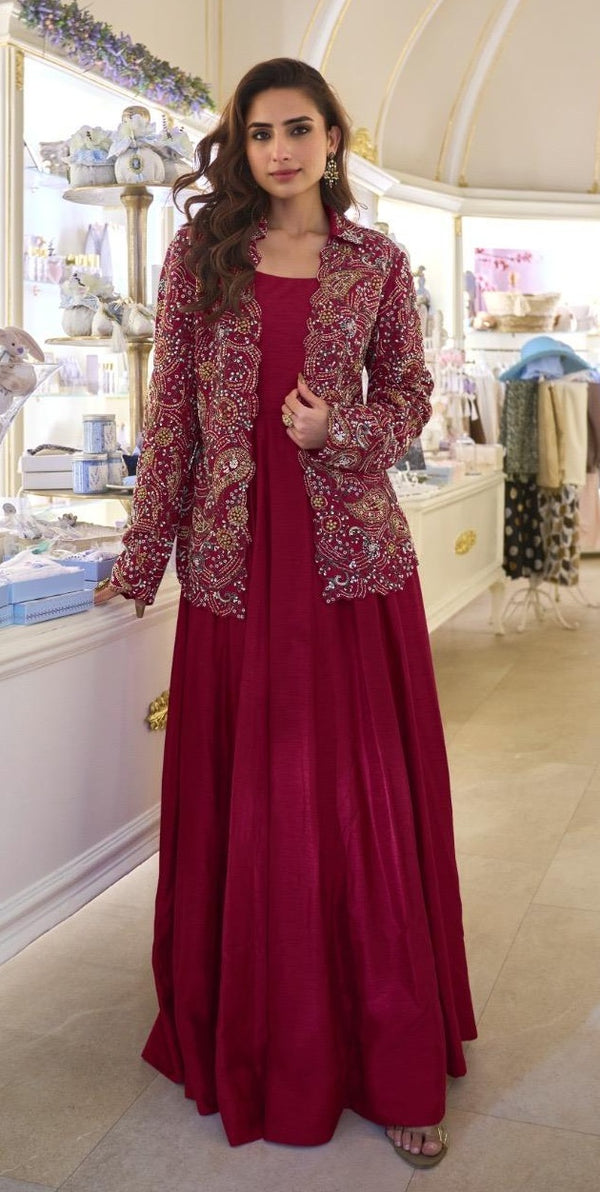 Stepnshop Elegant Silk Gown Set with Beads & Embroidery Work