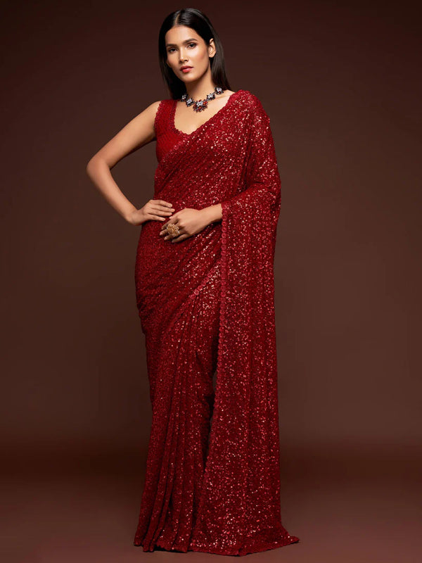 Hot Red Embellished Bollywood Georgette Celebrity Saree