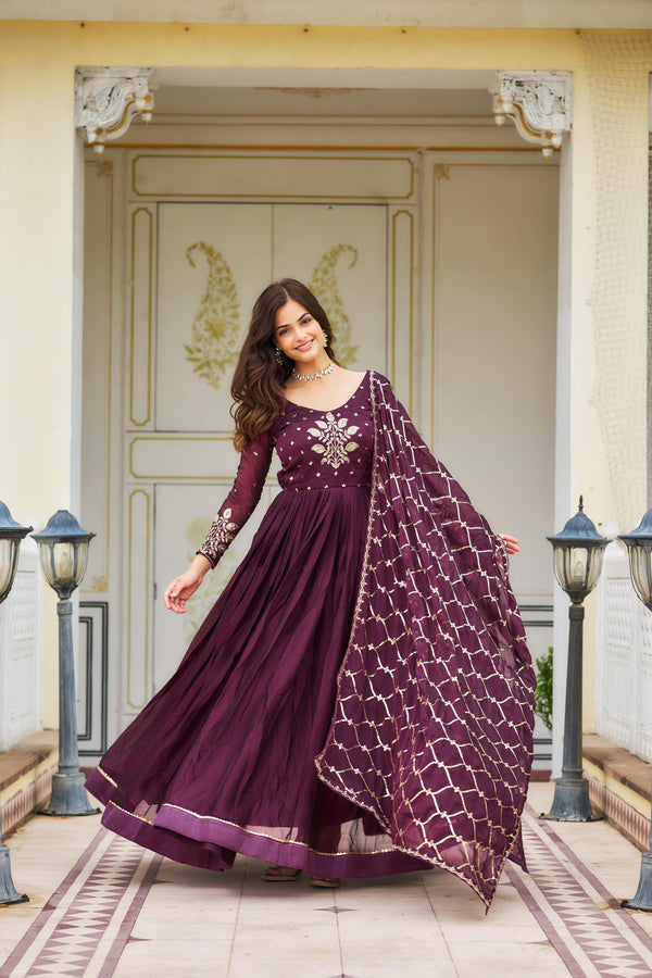 Wine Embroidered Gown with Dupatta for Festival