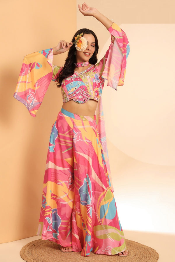 Women Indo Western Embroidered Crop Top and Palazzo with Dupatta Set