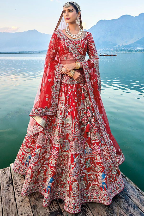 Cherry Red Silk Dabka Embroidered Bridal Wear Lehenga