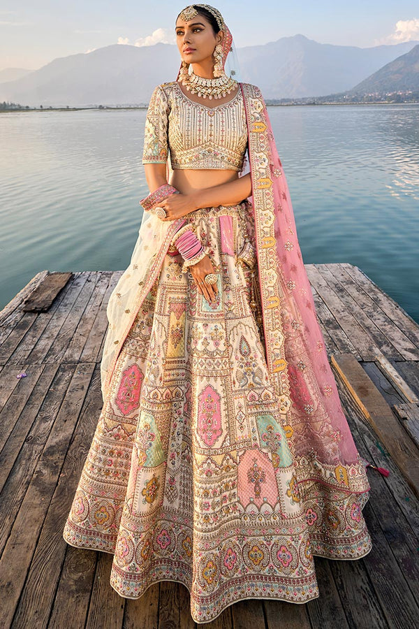 Cream Dabka Embroidered Silk Bridal Wear Lehenga