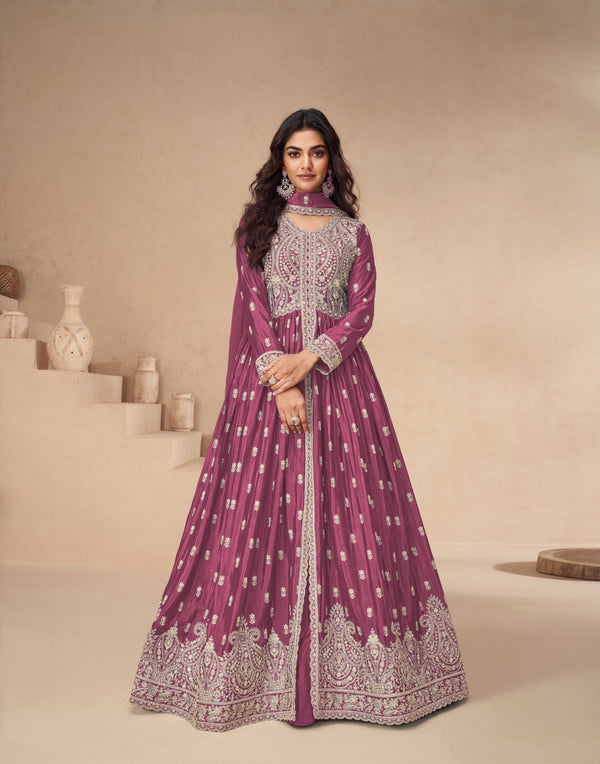 Embroidered  Chinon Silk Front Slit Lehenga Set with Dupatta