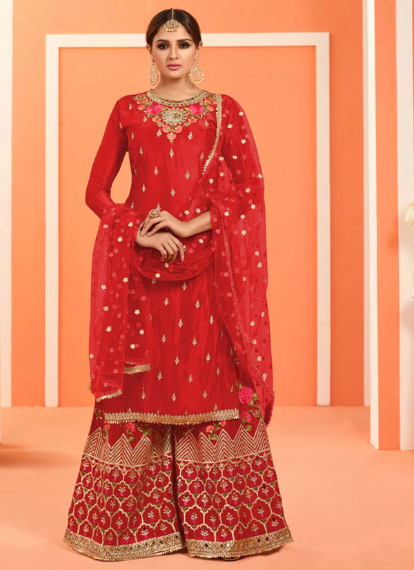 Wedding Festival Red Embroidered Palazzo Salwar Suit