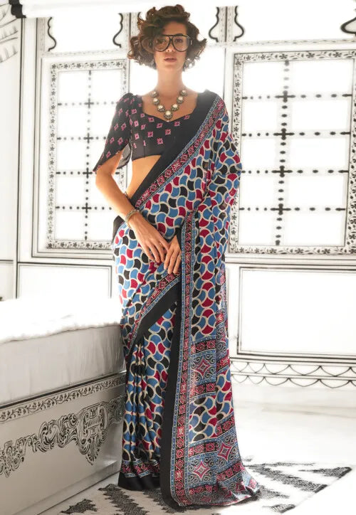 Formal Ajrakh Print Saree Satin Crepe Women's Sari Blouse