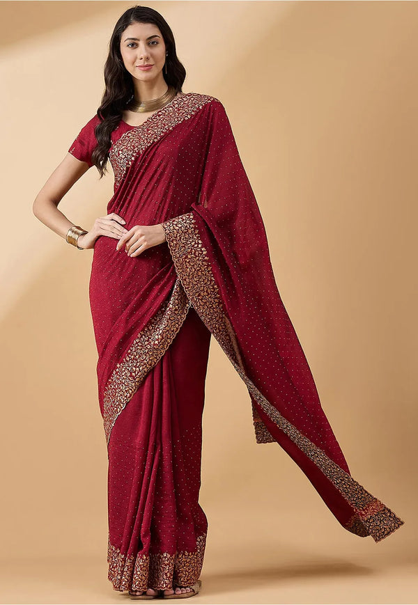 Embroidered Art Silk Scalloped Saree in Maroon