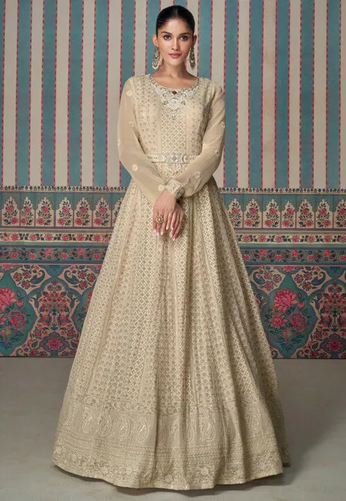 Chikankari Embroidered Grey Georgette Wedding Anarkali Suit