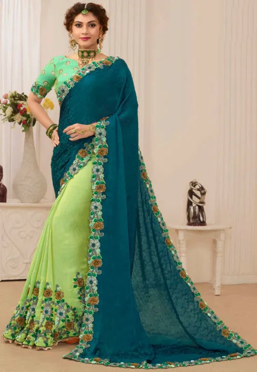 Half N Half Georgette Saree in Teal Blue and Light Green