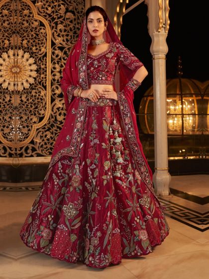 Red Stone Embellished  Viscose Satin Bridal Lehenga Choli