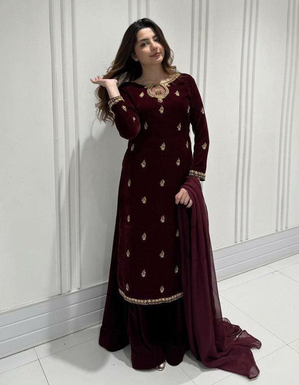 Stepnshop Velvet Suit with Sequins & Embroidery Work
