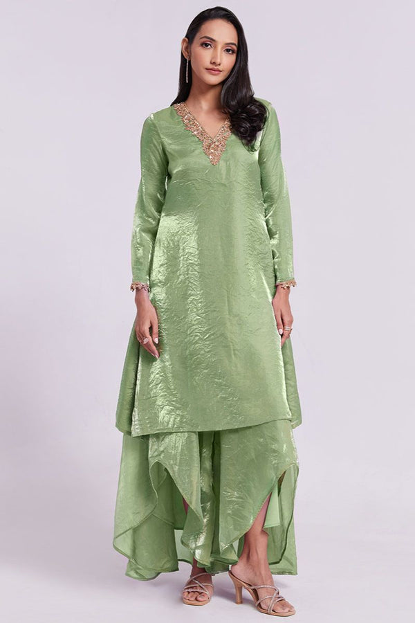 Pistachio Green Pure Organza Kurta with Palazzo