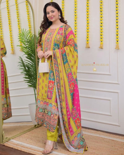 Diwali Collection Multi Coloured Print With Work and Dupatta Kurti Set