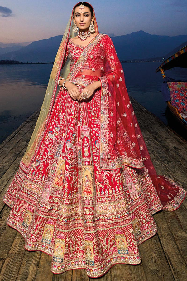 Tomato Red Dabka Embroidered Silk Bridal Wear Lehenga