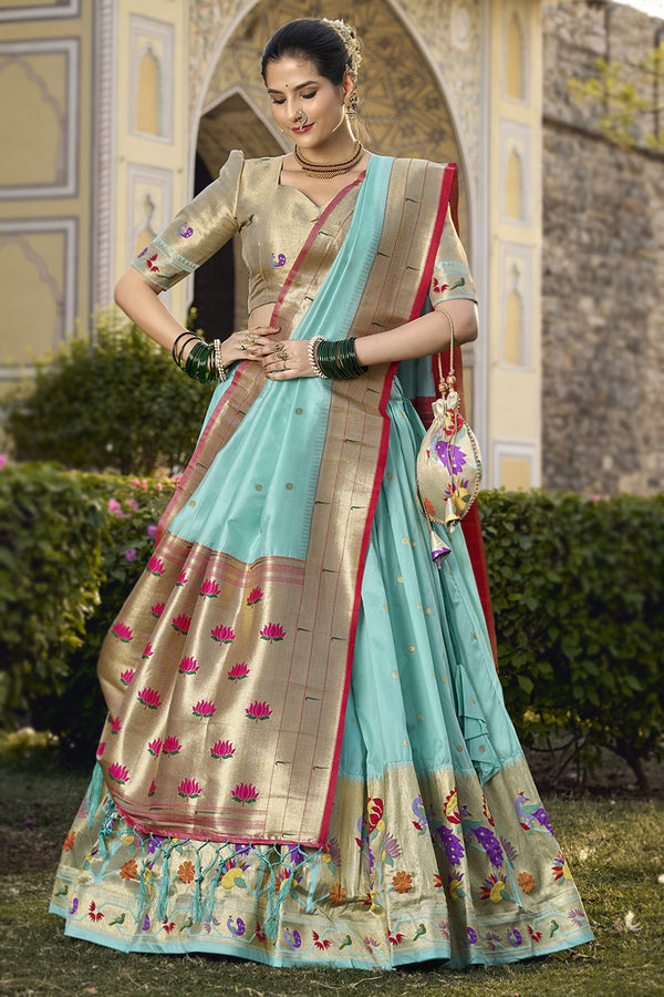 Turquoise Blue  Weaved Zari Flared Style Paithani Silk Lehenga