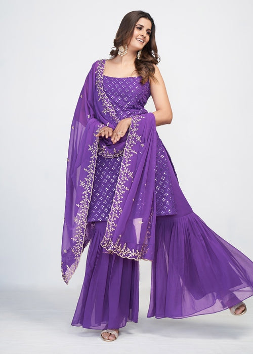 Purple Mirror Styled Georgette Trendy Garara Suit Set