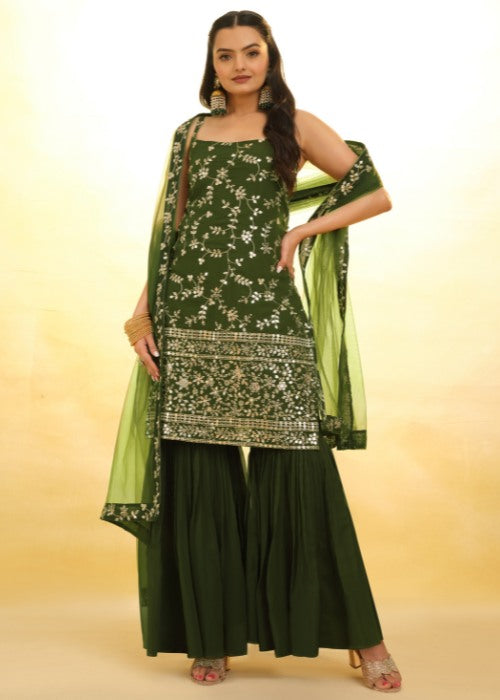 Georgette Sequin Styled Garara & Kurti Set in Olive