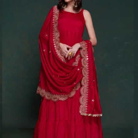 Simple Red Anarkali Suit with Scalloped Dupatta in Georgette