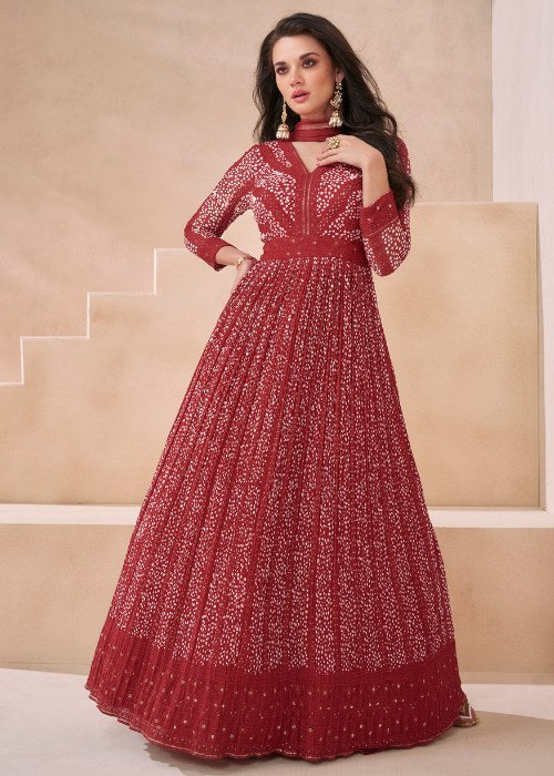 Dark Red Anarkali with Print for Festival