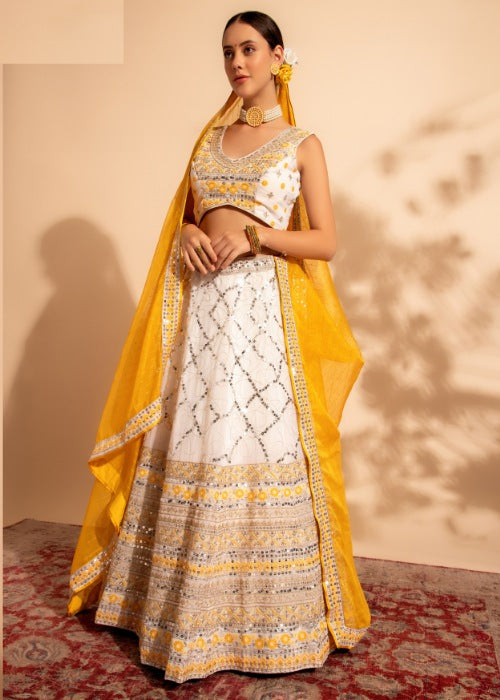 Beautiful White Lehenga Choli with Yellow dupatta