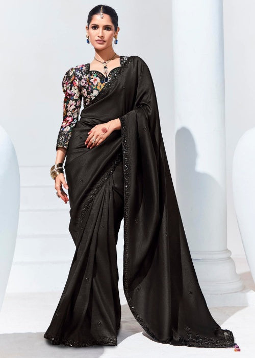 Black Organza Saree with Printed Blouse For cocktail Party