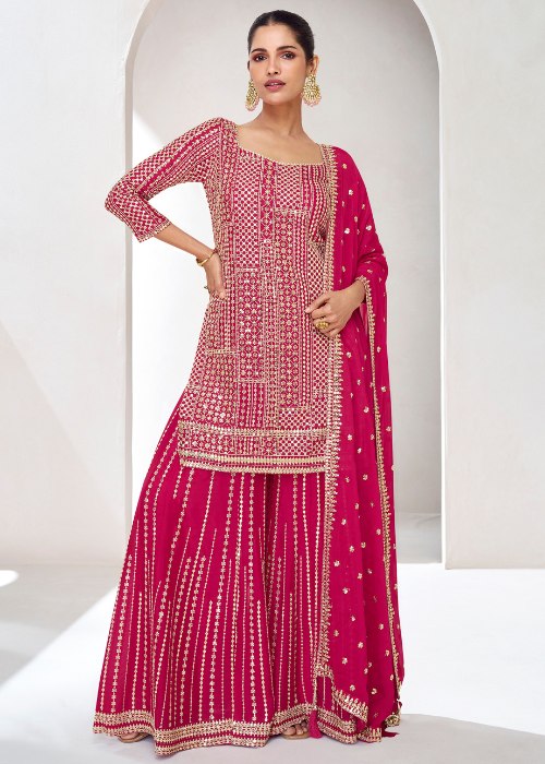 Magenta Pink Punjabi Sharara Suits in Chinon