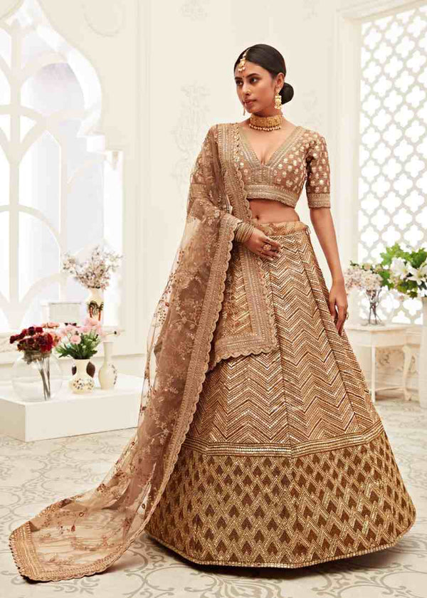 Indian Wedding Golden Brown Bridal Lehenga in Sequin