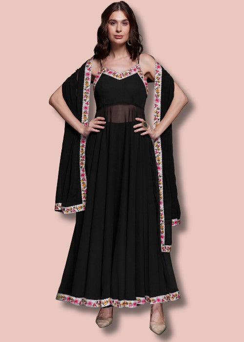 Black Georgette Designer Anarkali Suit with Floral Border 🔍