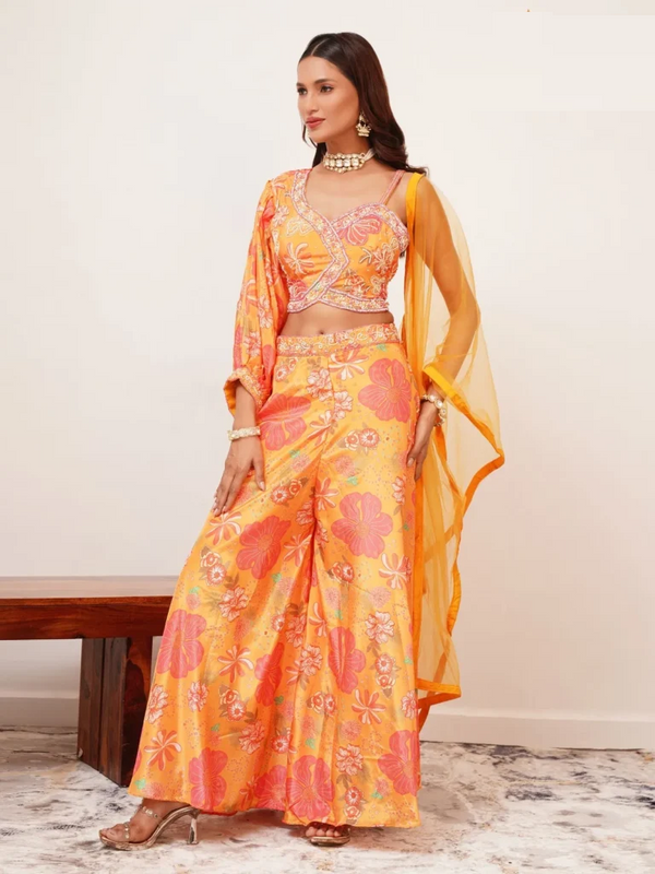 Women Indo Western Embroidered Crop Top Palazzo with Dupatta Set